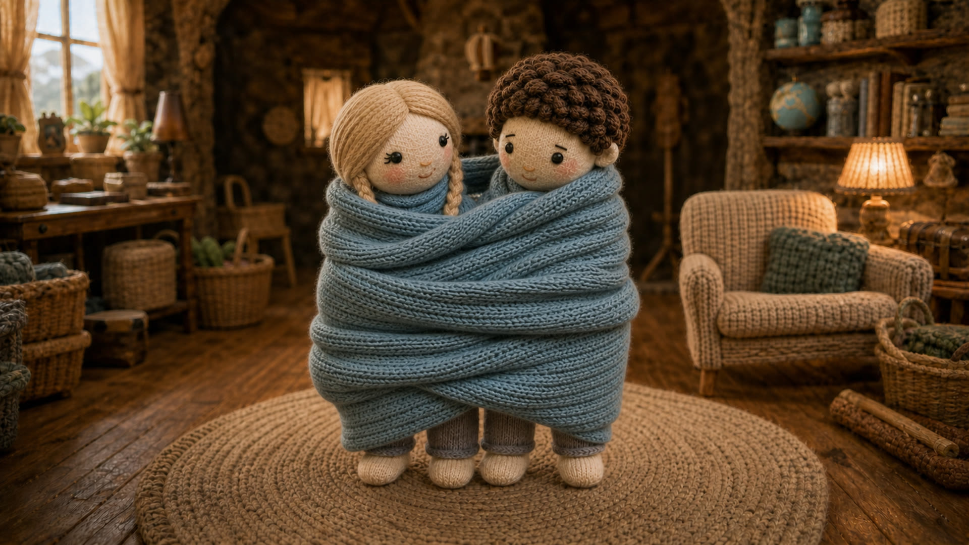 Milo and Mira laugh while tangled together in a giant blue blanket
