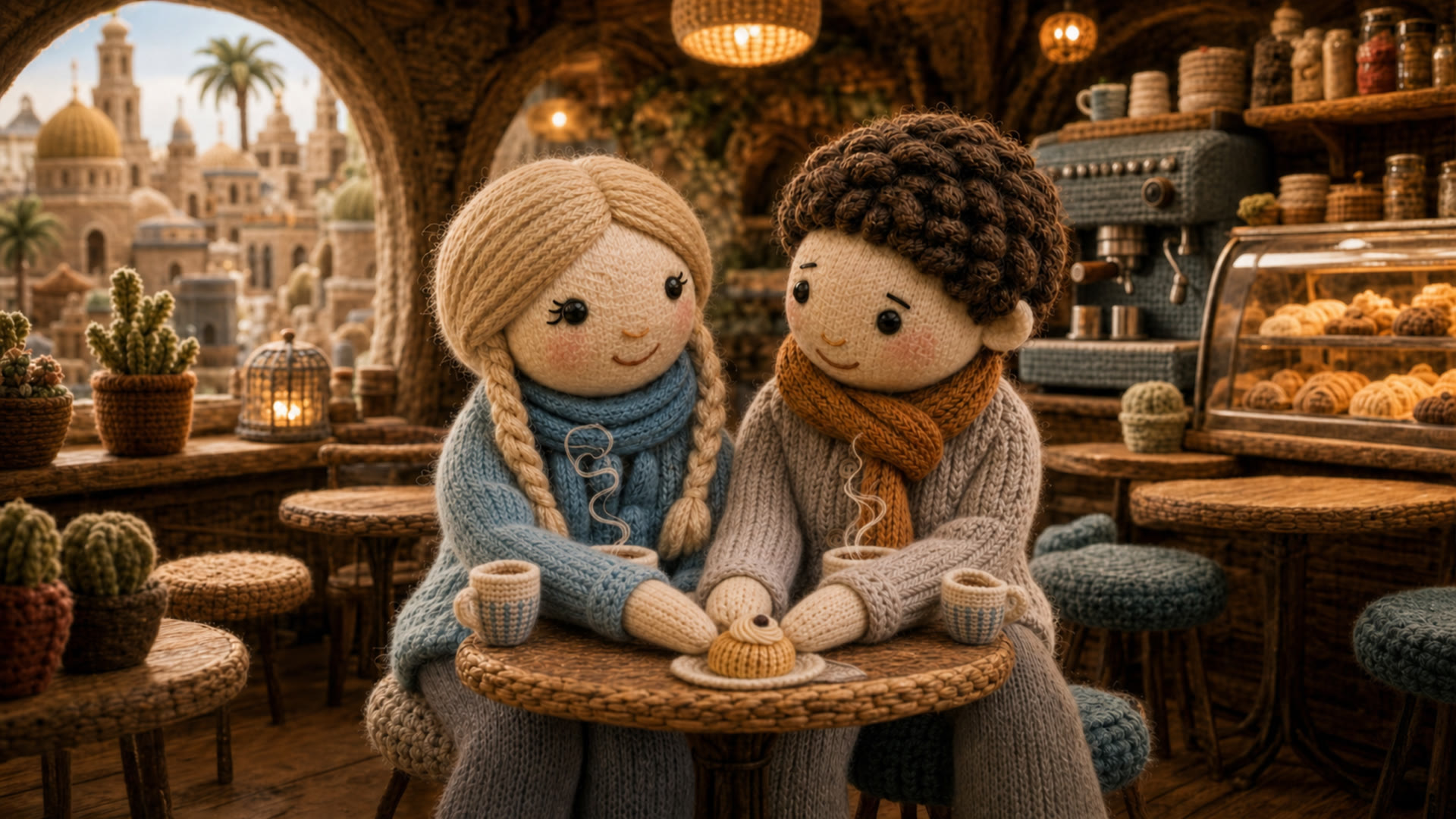 Milo and Mira share a quiet pastry stop in a handmade travel café