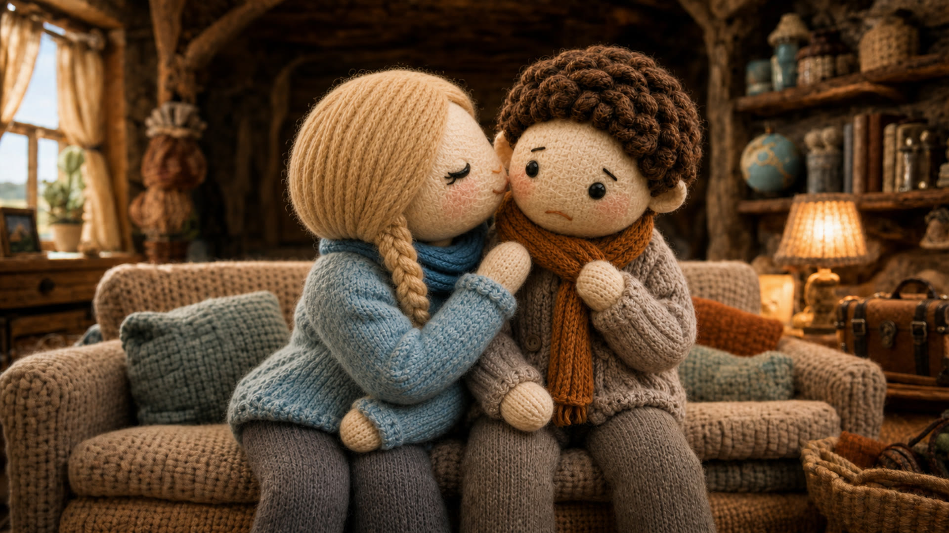 Mira kisses a surprised Milo in their warm knitted cottage