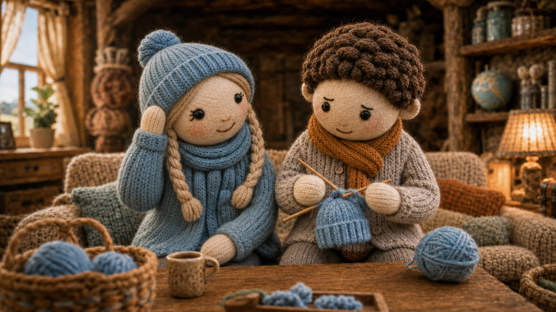 Mira tries on the blue hat Milo knitted for her
