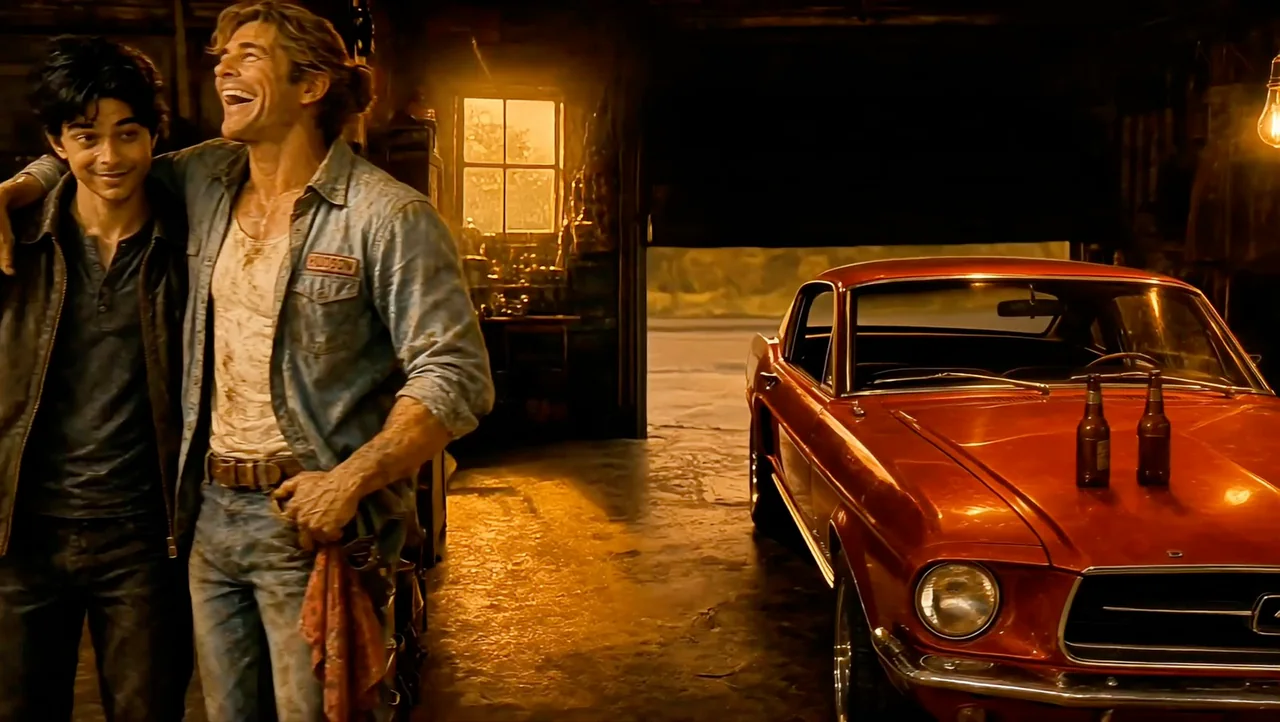Alex and Hudson laugh beside a red Mustang in a golden garage