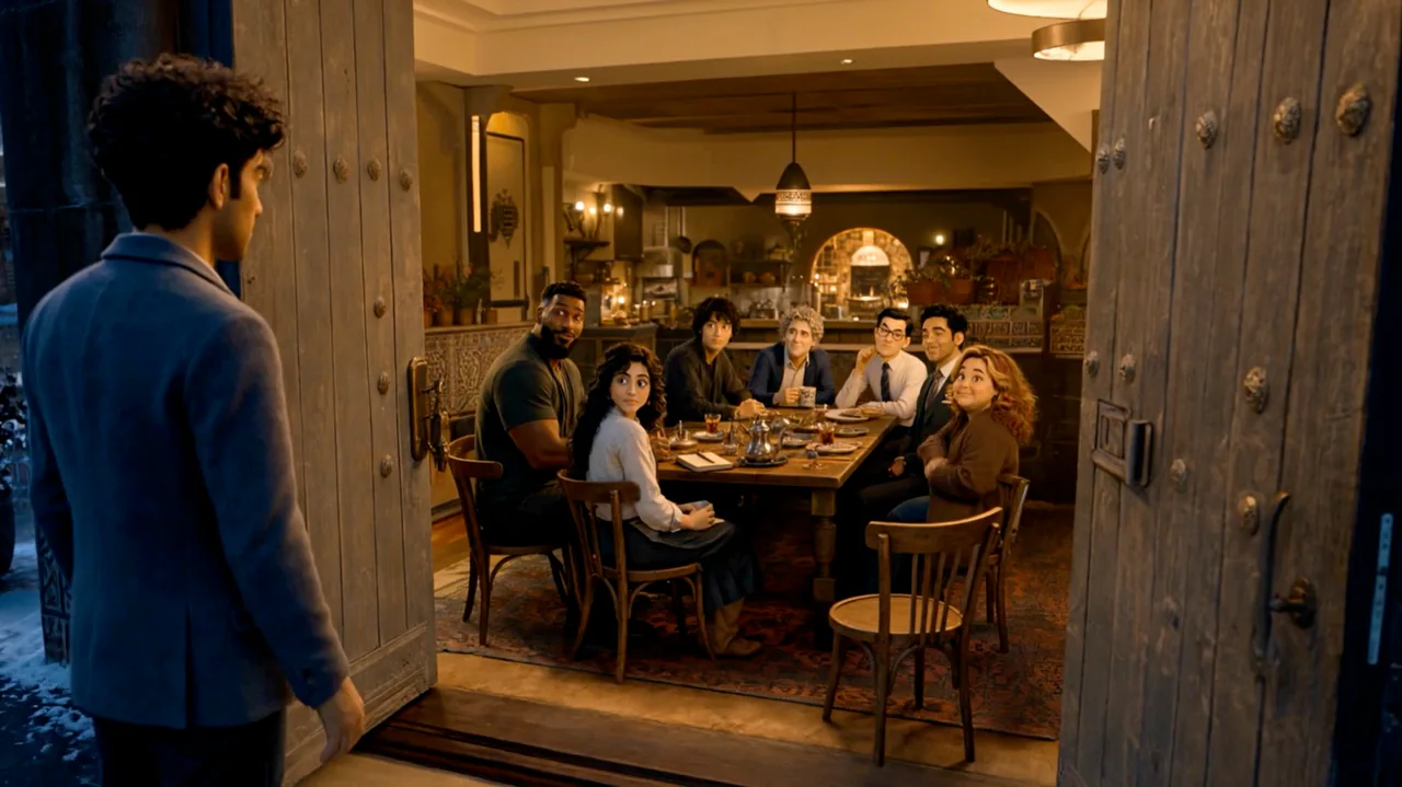 Ravi pauses at a doorway while seven friends look up from a warm dinner table