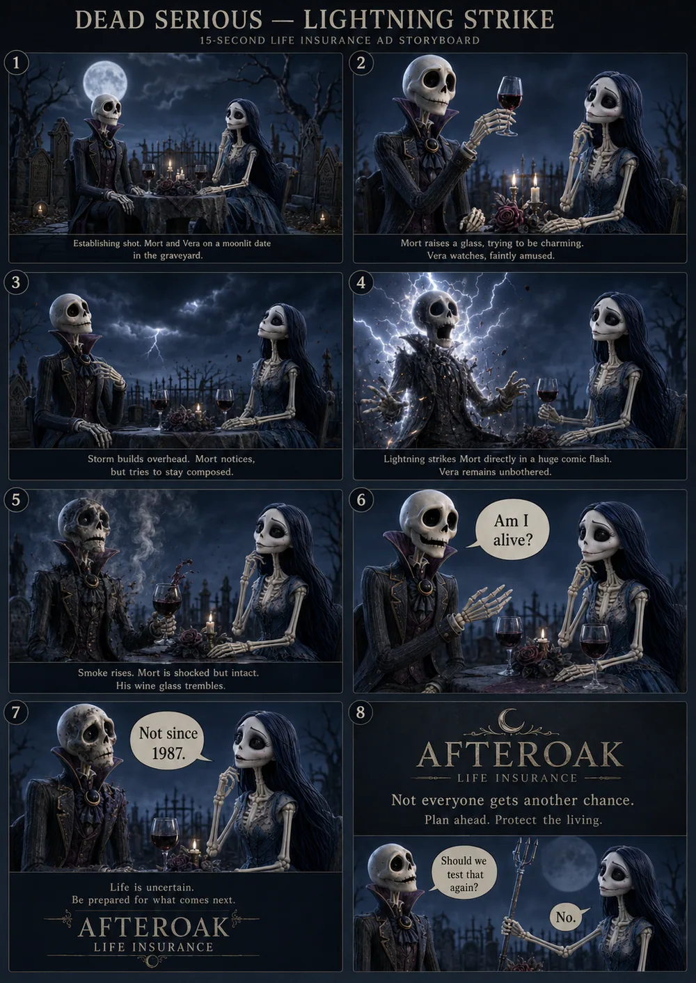Eight-frame Lightning Strike advertising storyboard featuring Mort and Vera